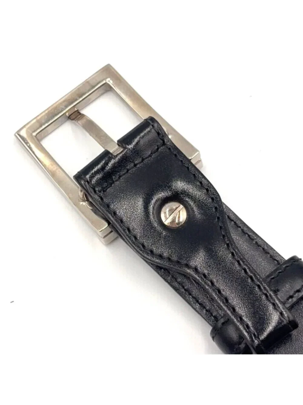Bvlgari Square Buckle Leather Black Belt Silver